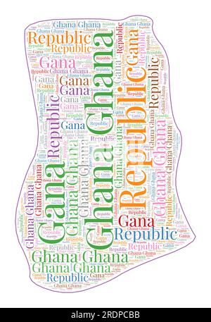 Ghana shape filled with country name in many languages. Ghana map in wordcloud style. Beautiful vector illustration. Stock Vector
