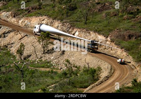 Windfarm Turbine Blade being transported by truck up to site at top of Mt Edith, Atherton Tablelands, Australia. Stock Photo