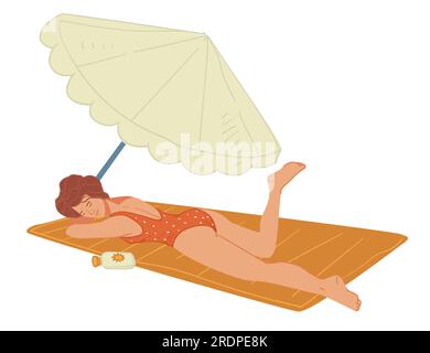 Female character relaxing by seaside wearing swimsuit and using protective cream with spf. Suntanning and sunbathing leisure, lady on blanket with umb Stock Vector