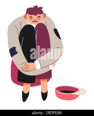 Poverty and homelessness, needy personage begging for money sitting by empty cap. Homeless male character, beggar or unemployed man with problems. Mer Stock Vector