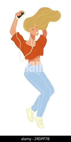 Female character listening to favorite song in headphones using phone. Isolated teenager dancing and enjoying songs, entertainment and relaxation for Stock Vector