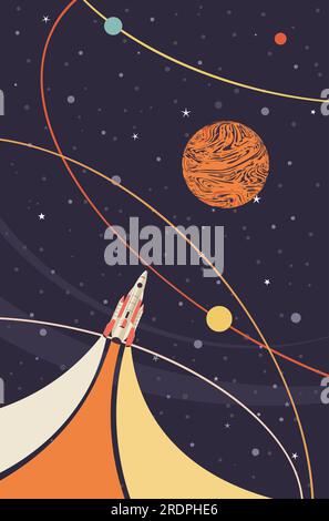 Abstract shuttle flying in the space, retro futuristic illustration. Stock Vector