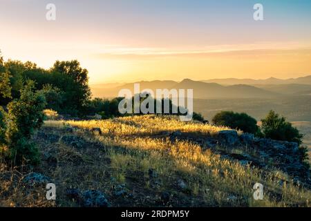 Sunset over the mountains of central Spain in the province of Ciudad Real, La Mancha. Stock Photo