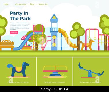 Playground or theme park for children. Public zone for recreation. Swings and slides, wooden horse and ladders for kids activity. Website or web page Stock Vector