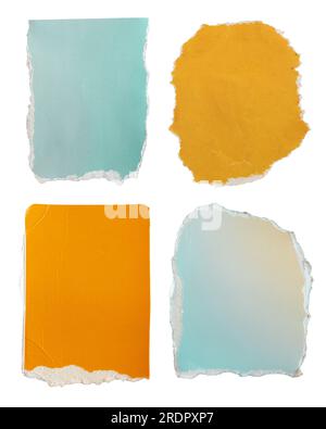 Orange and blue papers torn from a magazine for using as ransom note letter background with clipping path Stock Photo