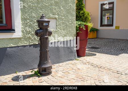 Villach, Austria. July 18 2023.  a fire hydrant on a street in the city centre Stock Photo