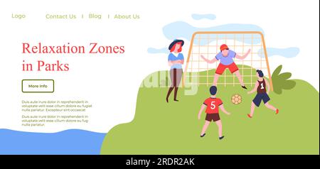 Outdoors activities in recreation zones in park. Children playing football with coach. Family weekends, school friends having fun. Website or webpage Stock Vector