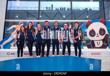 Chengdu, China's Sichuan Province. 17th July, 2023. Members of the Brazilian delegation pose for a photo after arriving at the Chengdu Tianfu International Airport in Chengdu, southwest China's Sichuan Province, July 17, 2023. Credit: Xu Bingjie/Xinhua/Alamy Live News Stock Photo