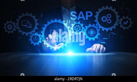 SAP software business process automation. ERP enterprise resource planning system on virtual screen. Stock Photo