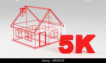Luxury wireframe house 5k online internet media blog followers 3D render illustration on red cubes Stock Photo