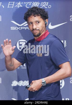 Osaka, Japan. 23rd July, 2023. French football team Paris Saint-Germain (PSG) member Marquinhos reacts to journalists at a press conference in Osaka, western Japan on Sunday, July 23, 2023. PSG will have a pre-season game against Saudi Arabian Al Nassr. (photo by Yoshio Tsunoda/AFLO) Credit: Aflo Co. Ltd./Alamy Live News Stock Photo