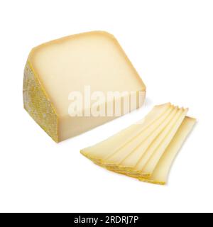 Piece of Chistera chevre and brebis, sheep and goat cheese and slices isolated on white background close up Stock Photo
