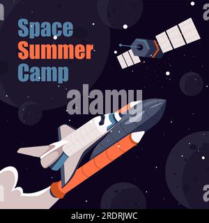 Galaxy and universe exploration and discoveries. Space summer camp for training of astronauts deal with satellites and spaceships. Vacation and travel Stock Vector