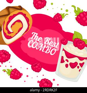 Raspberry desserts and sweets with berries in bakery, best combo proposal from store. Swiss roll and yoghurt. Promotional banner or poster, cafe or re Stock Vector