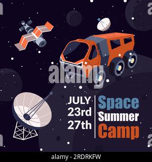 Training and learning for astronauts and cosmonauts, space summer camp. Poster or banner invitation. Advertisement with spaceship, satellite and truck Stock Vector