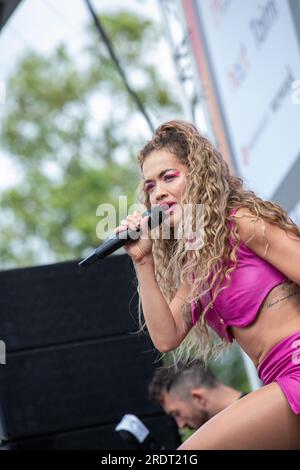 Rita Ora performing live at London Pride 2023 in Trafalgar Square London. Stock Photo