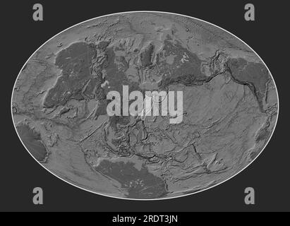 Okhotsk tectonic plate on the bilevel elevation map in the Fahey Oblique projection centered meridionally and latitudinally. Stock Photo