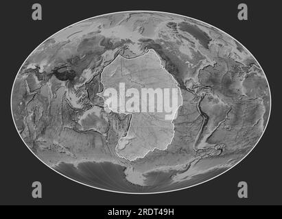 Pacific tectonic plate on the grayscale elevation map in the Fahey Oblique projection centered meridionally and latitudinally. Stock Photo