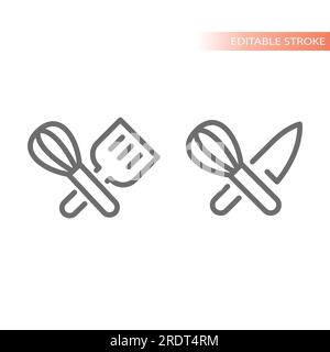 Kitchen knife, whisk and spatula crossed line icon. Egg beater, cooking outline vector. Stock Vector