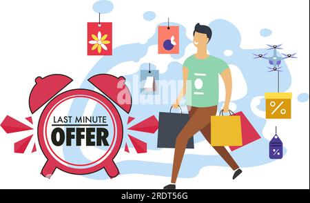 Using discounts and offers while shopping, last minute offer for man with bags. Clients and customers hurrying up to purchase cheap products on reduce Stock Vector