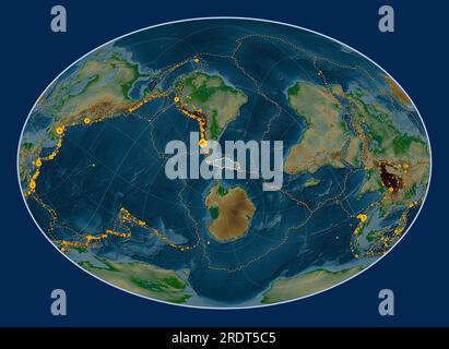 Scotia tectonic plate on the physical elevation map in the Fahey Oblique projection centered meridionally and latitudinally. Locations of earthquakes Stock Photo