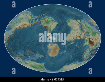 Scotia tectonic plate on the physical elevation map in the Fahey Oblique projection centered meridionally and latitudinally. Distribution of known vol Stock Photo