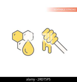 Honeycomb, honey dipper line vector icons. Wooden honey spoon and drops outline vector icon set. Stock Vector