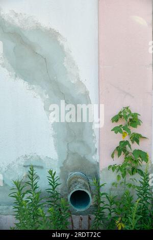Concrete wall with crack running down repaired with gray concrete patching putty with green vegetation and chimney Stock Photo
