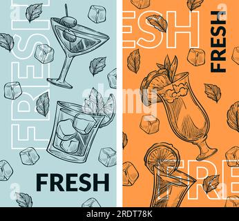 Alcoholic beverages and cocktails with slices of fruits, ice cubes and fresh mint leaves. Lemonade or tasty tonic. Cafe or restaurant menu, advertisem Stock Vector