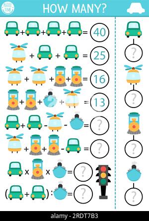 How many vehicles game, equation or rebus. Air, water, land transportation math activity for school children. Simple printable counting worksheet for Stock Vector