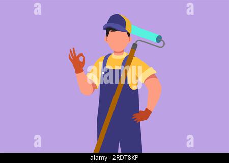 Cartoon flat style drawing handyman holding long paintbrush roll with okay gesture is ready to work on painting wall, renovation and repairing damaged Stock Photo