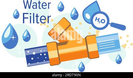 Purification station for clean water, caring for quality of consumed liquids. Filter technology used for home, h2o drops with magnifying glass. Analys Stock Vector