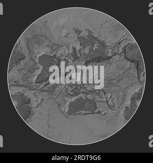 Amur tectonic plate on the bilevel elevation map in the Lagrange Oblique projection centered meridionally and latitudinally. Stock Photo