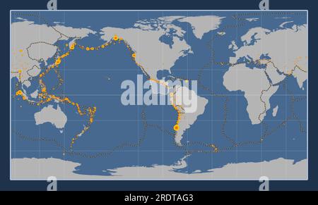 Shape of the Cocos tectonic plate on the solid contour map in the Patterson Cylindrical projection centered meridionally. Locations of earthquakes abo Stock Vector