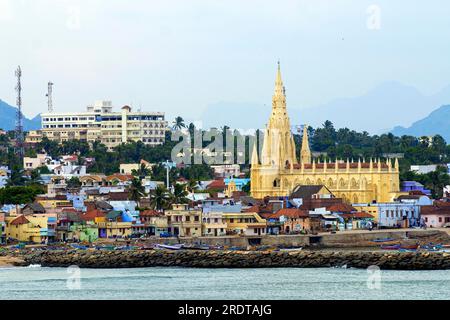 City view and Pilgrimage Church of Our Lady of Ransom Our Lady of Joy founded by St. Francis Xavier in 1540, Kanyakumari, Tamil Nadu, South India Stock Photo