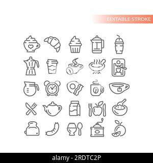 Breakfast and coffee line vector icons. Cup, croissant, eggs and bacon outline icon set. Stock Vector