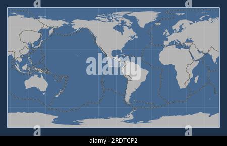 Shape of the Cocos tectonic plate on the solid contour map in the Patterson Cylindrical projection centered meridionally. Boundaries of other plates Stock Vector