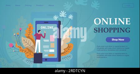 Ordering products in internet and waiting on delivery. Shopping online using smartphone as display, e-commerce and business for sellers. Website or we Stock Vector