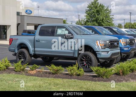 Zionsville - July 21, 2023: Ford F-150 Rocky Ridge model. Ford offers the F150 Rocky Ridge as a Custom Off-road 4x4 F-Series with upgraded suspension. Stock Photo