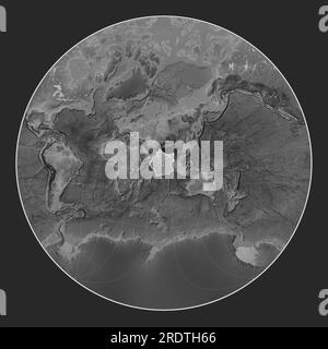 Indian tectonic plate on the grayscale elevation map in the Lagrange Oblique projection centered meridionally and latitudinally. Stock Photo