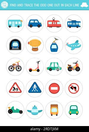 Find the odd one out. Transportation logical activity for kids. Air, land, public transport educational quiz worksheet for attention skills. Printable Stock Vector