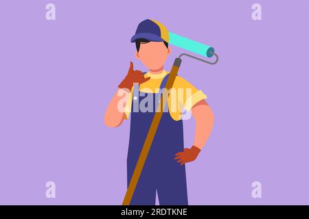 Graphic flat design drawing handyman holding long paintbrush roll with call me gesture ready to work on painting wall, renovation and repairing damage Stock Photo