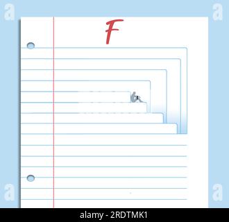 A dejected student is seen sulking as he sits on lines on a page of notebook paper in a 3-d illustration about education. Stock Photo
