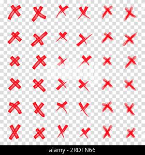 Grunge set X. Set red shapes on a isolation transparent background. X red mark vector set collection. Cross sign icon from hand brush strokes. Hand dr Stock Vector