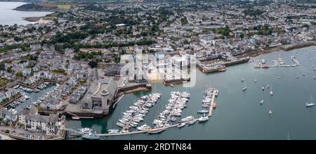 FALMOUTH, CORNWALL, UK - JULY 5, 2023.  Aerial landscape panorama view of the National Maritime Museum and harbour in  the Cornish seaside town of Fal Stock Photo