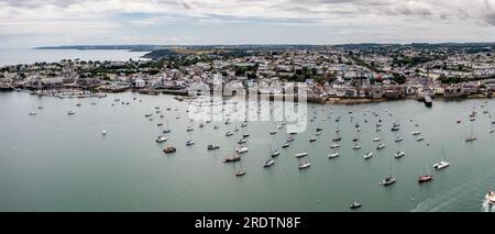 FALMOUTH, CORNWALL, UK - JULY 5, 2023.  Aerial landscape panorama view of the National Maritime Museum and harbour in  the Cornish seaside town of Fal Stock Photo