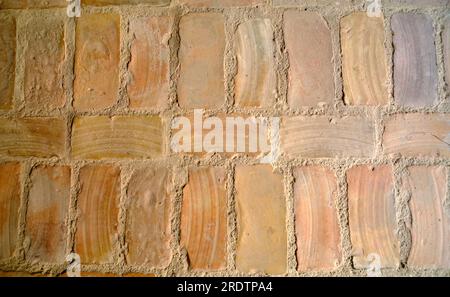 Close-up of an old brick-paved farm interior. Clay brick paving pattern. The ancient cobblestone brick floor is also called brick pavement. Latvia Bau Stock Photo