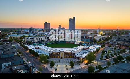 Aerial baseball diamond downtown Fort Wayne Indiana United States Parkview Field city sunrise Stock Photo