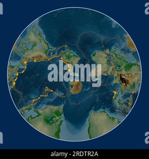 Scotia tectonic plate on the physical elevation map in the Lagrange Oblique projection centered meridionally and latitudinally. Locations of earthquak Stock Photo