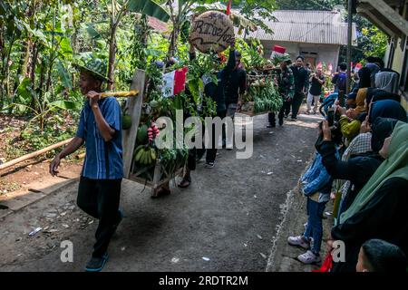 Residents do a procession by bringing natural products from agriculture and plantations called the earth alms tradition Stock Photo